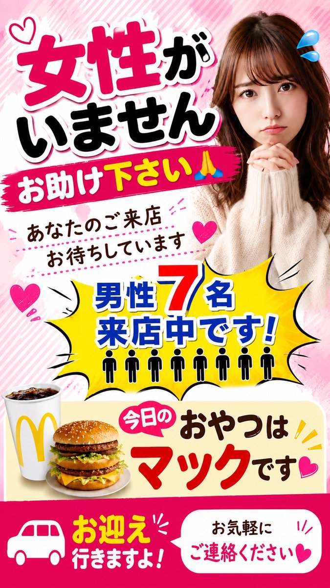 nanaskew's tweet photo. 8月4日火曜日の差し入れはマックです
男性多いので是非ご来店下さい！
お迎えサービスありますよ https://t.co/mtxCiQRDry