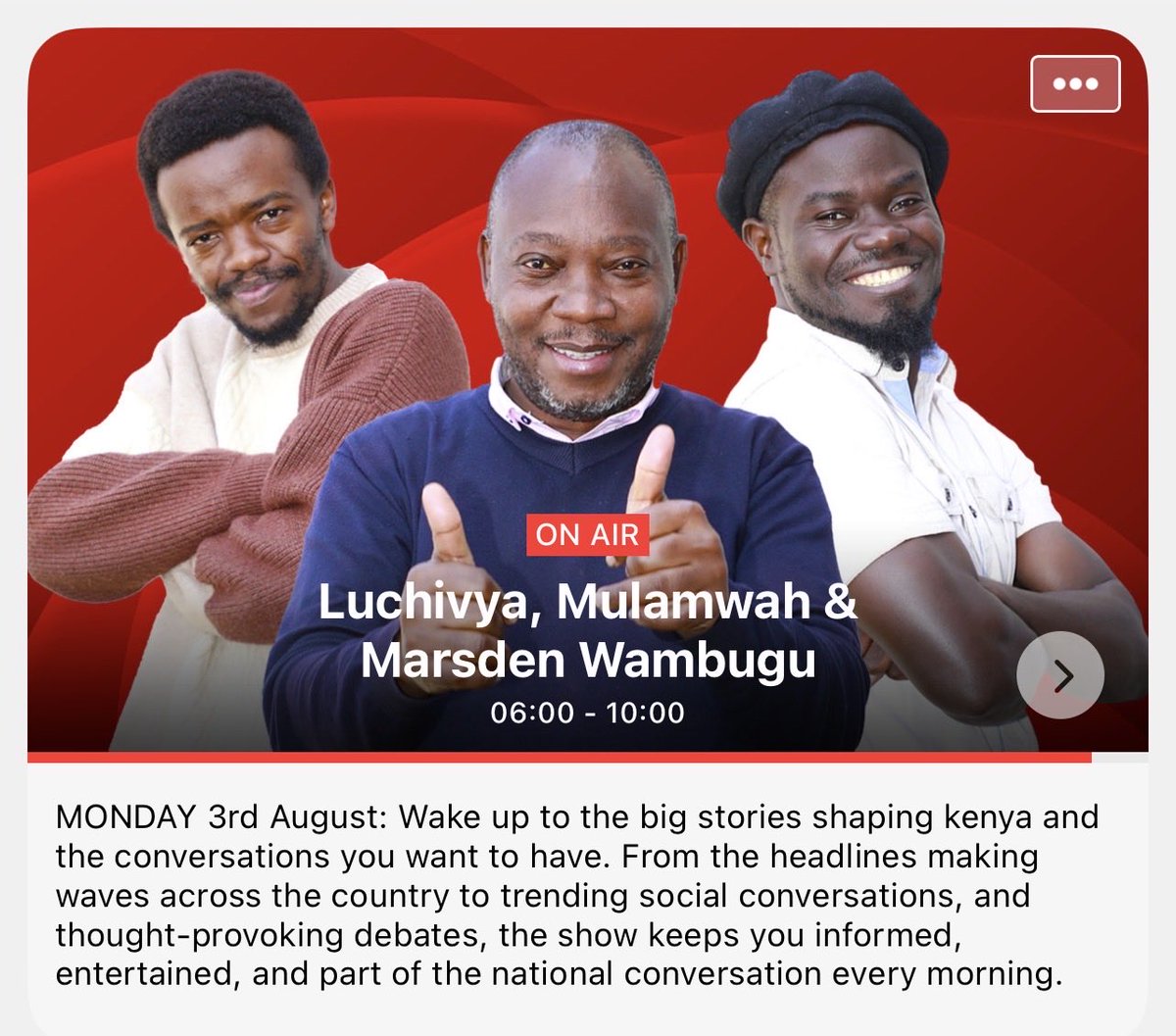 Milele_FM's tweet photo. Baddest Breakfast Show! @luchivya @mulamwah na @marsden_wambugu 6.00am-10.00am.
#MileleBreakfast https://t.co/u5mgJ3JcN1