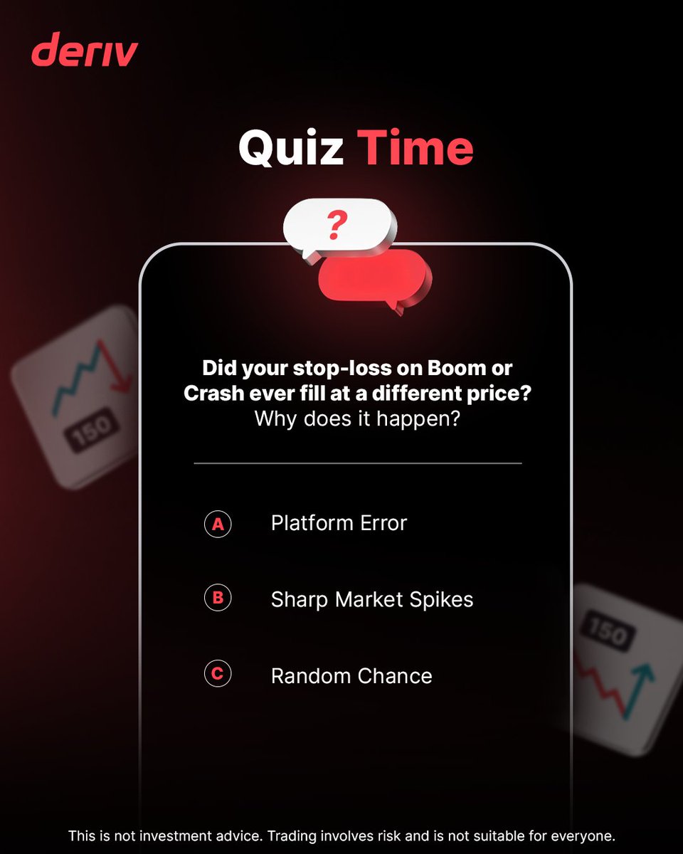Derivdotcom's tweet photo. Why can your Boom or Crash stop-loss fill away from your set price? π€
Find the answer (and smarter trading strategies) now on Deriv Academy β‘οΈ https://t.co/zJtkYxnQs7
#BoomCrash #RiskManagement #DerivAcademy
This is not investment advice. Trading involves risk and is not suitable for everyone.