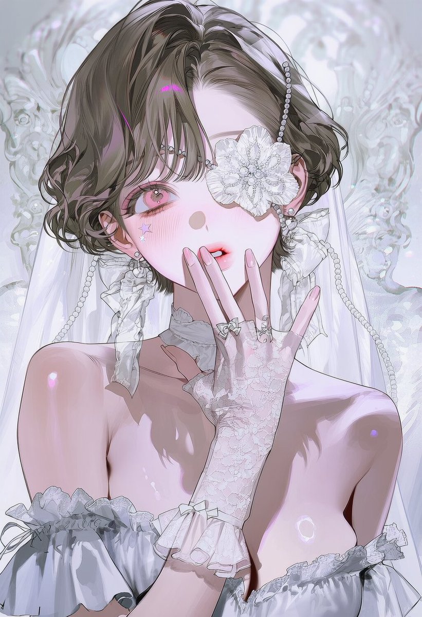 9ookwa's tweet photo. {{close-up}}, {face focus}, front view, looking at viewer, head tilt, {{covering own mouth}}, hands up, spread fingers, parted lips, {{white lace eyepatch}}, flower-shaped lace ornament over one eye, pearl beading on eyepatch, one eye visible, {white lace gloves}, see-through gloves, frilled glove cuffs, white frilled hair bow, white satin ribbon, white off-shoulder blouse, white lace trim, white feather trim on shoulder, ruffled sleeves, {sheer white lace fabric draped diagonally across the face}, pastel pink eyeshadow, pastel pink blush, silver star facial mark, glitter on lips, long eyelashes, pale skin, blurry pale background, soft diffused lighting, depth of field, muted pastel color palette