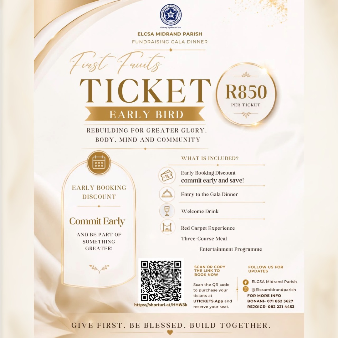 ElcsaMidrand's tweet photo. 🚨 FIRST FRUITS TICKETS 🚨
R850 per person — Early Bird still available!
Let’s build for greater glory, one ticket at a time.
Get yours at https://t.co/AGc5kcwS69🎟️
Tag someone to come with you 👇
#FirstFruits #ELCSAMidrand #Fundraiser #GalaDinner #BuildingOurHome #ChurchFamily https://t.co/TS871LWbpw