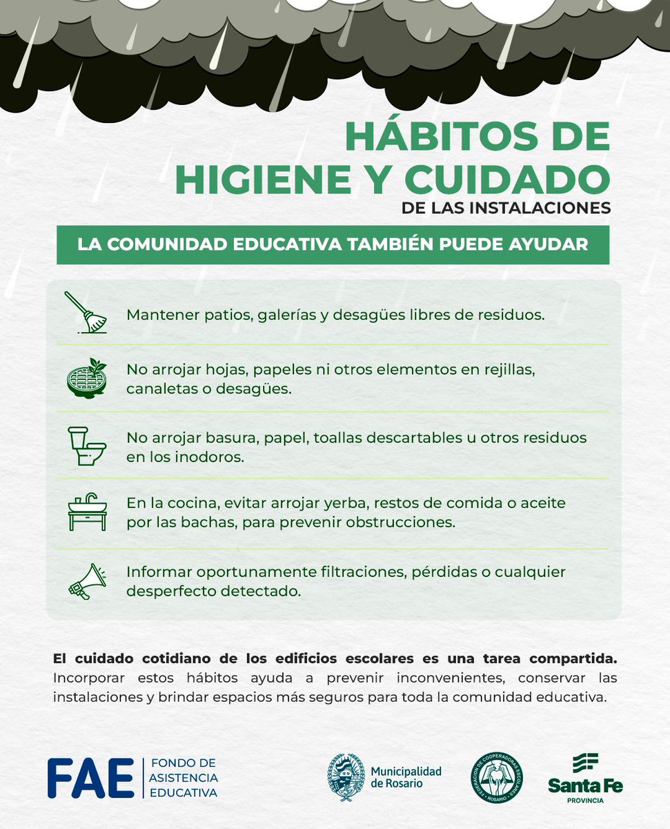 FAERosario_'s tweet photo. 🏫☔INFORMACIÓN IMPORTANTE PARA PREVENIR DAÑOS O ANNEGAMIENTOS ANTE LLUVIAS INTENSAS 

✅ GESTIONÁ OPORTUNAMENTE CON FAE Y JUNTOS MANTENGAMOS LOS EDIFICIOS ESCOLARES 💪 https://t.co/Wjqqsutr9N