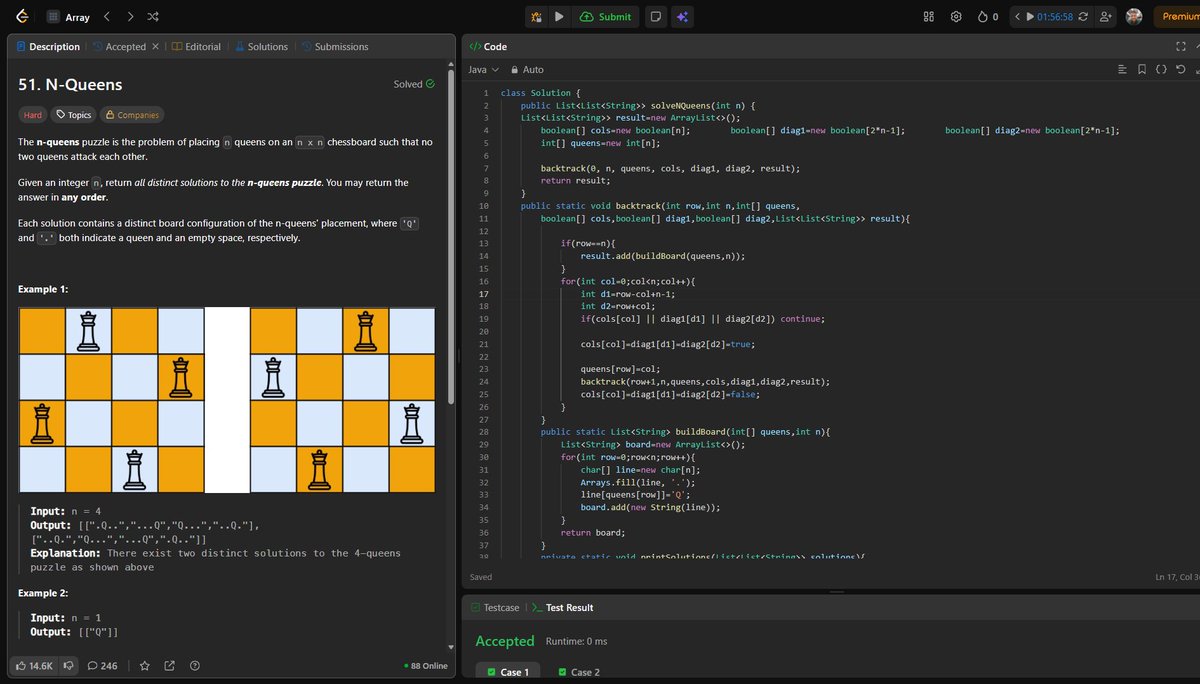 Ankitdotdev's tweet photo. Day 195/365 of the DSA grind! 
Matrix Traversal & Classic Backtracking:
• Spiral Matrix II: Simulated the spiral walk elegantly using direction arrays (dr, dc) and turning right upon hitting a wall!
• Sudoku Solver (Hard): Optimized the backtracking by using boolean arrays for O(1) row/col/box lookups and pre-caching empty cells!
• N-Queens (Hard): Tracked queen placements using clever diagonal math (row-col and row+col) for instant O(1) collision checks!

#DSA #Java #100DaysOfCode #LeetCode #Backtracking #Algorithms