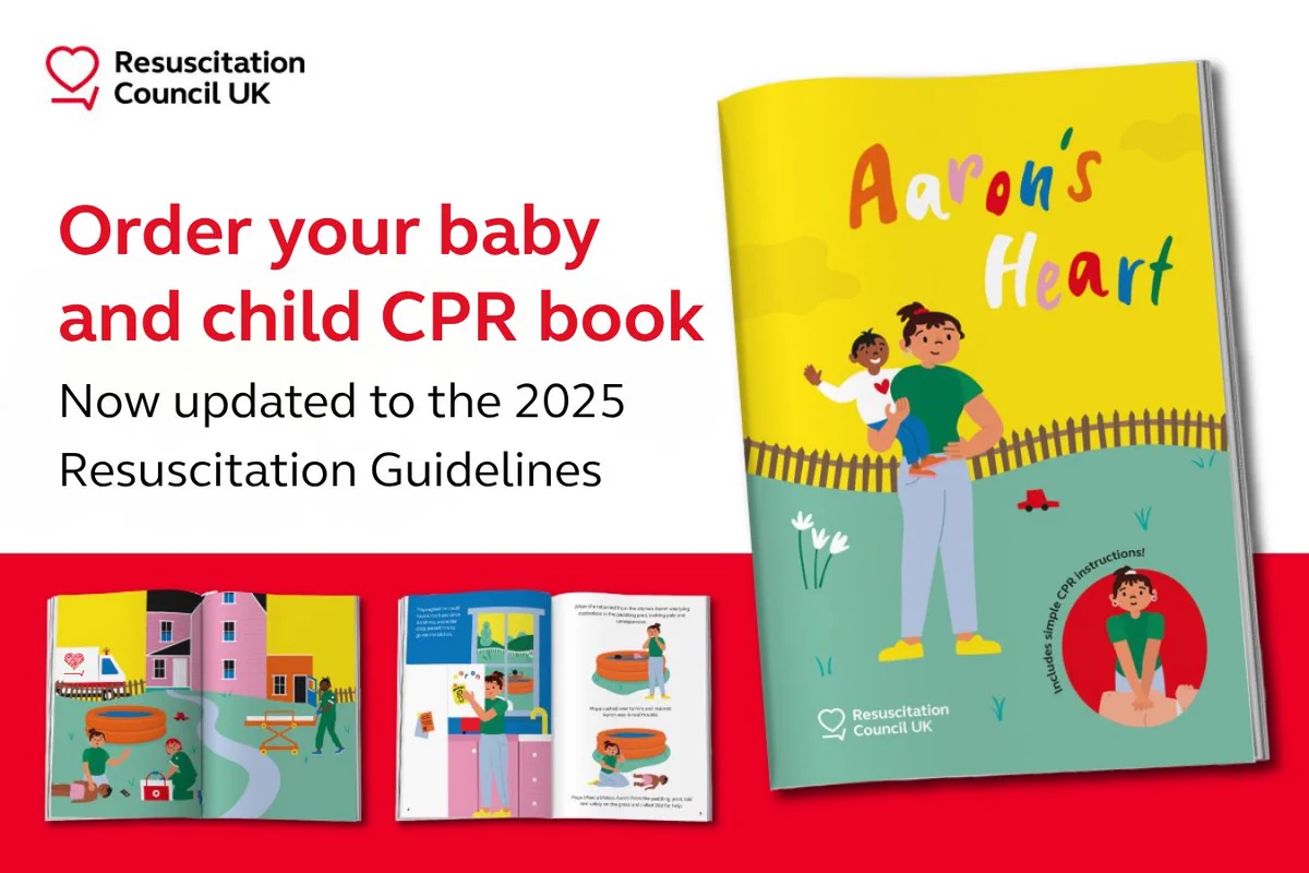 The image is a promotional graphic from Resuscitation Council UK for a book titled "Aaron's Heart," focused on baby and child CPR. The text highlights that the book is updated to the 2025 Resuscitation Guidelines.
