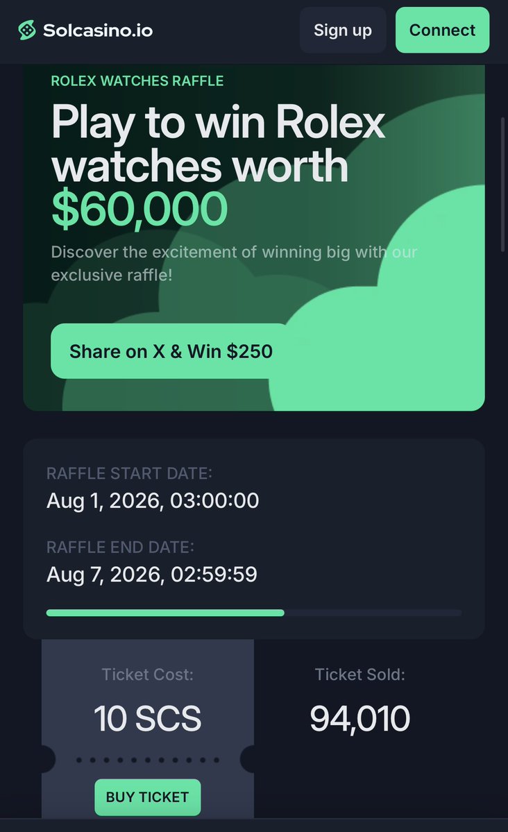 fiyopi's tweet photo. 1 ticket == 0.01 USD

Total tickets = 94010 == 940 USD Worth

0.01 USD  to 15,000.00 USD == 1,500,000 X

First raffle ends in 3 days

No Gimmicks.
Create an acc, buy 0.01 USD worth SCS from jup[dot]ag, deposit 0.01 to our website,  if you win, create a ticket on discord

1/2 👇 https://t.co/iLWKzbvX7U