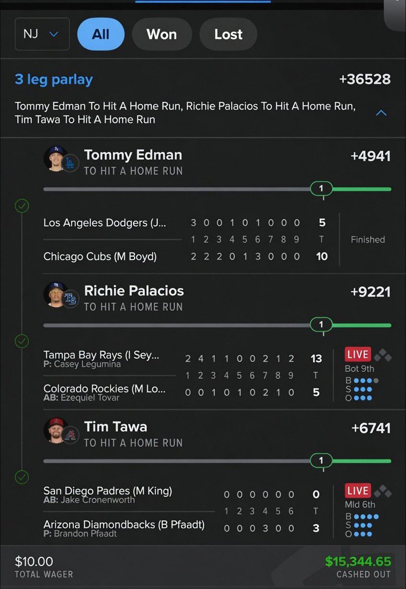 Vibezslips's tweet photo. CASHED OUT FOR $15,344.65 💸🔥
✅ Tommy Edman HR
✅ Richie Palacios HR
✅ Tim Tawa HR @Playbook 
$10 ➡️ $15,344.65. More winners loading… 🚀 #ParlayCraft https://t.co/q9Ltz5cbzu
