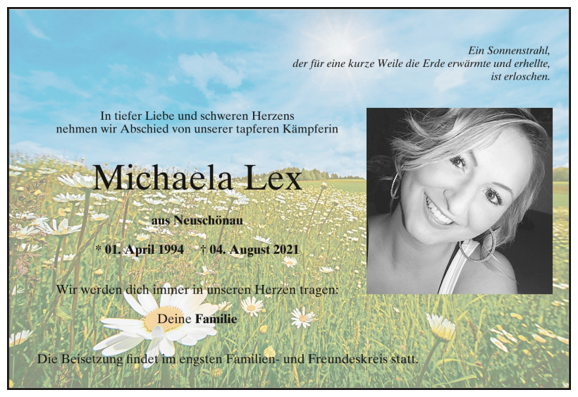 MemorialME's tweet photo. 🕯️#RIP Michaela Lex *1.4.1994 - †4.8.2021🕯️

In Gedanken bei ihrer Familie, die heute vor 5 Jahren ihre über alles geliebte Michi verloren hat💔

Michi starb an schwerstem #MECFS, nicht an Suizid!

Michi: „Jede Kraft, die ich verbrauche, kommt nicht mehr zurück.“⚠️ https://t.co/8U3WbLTdNK
