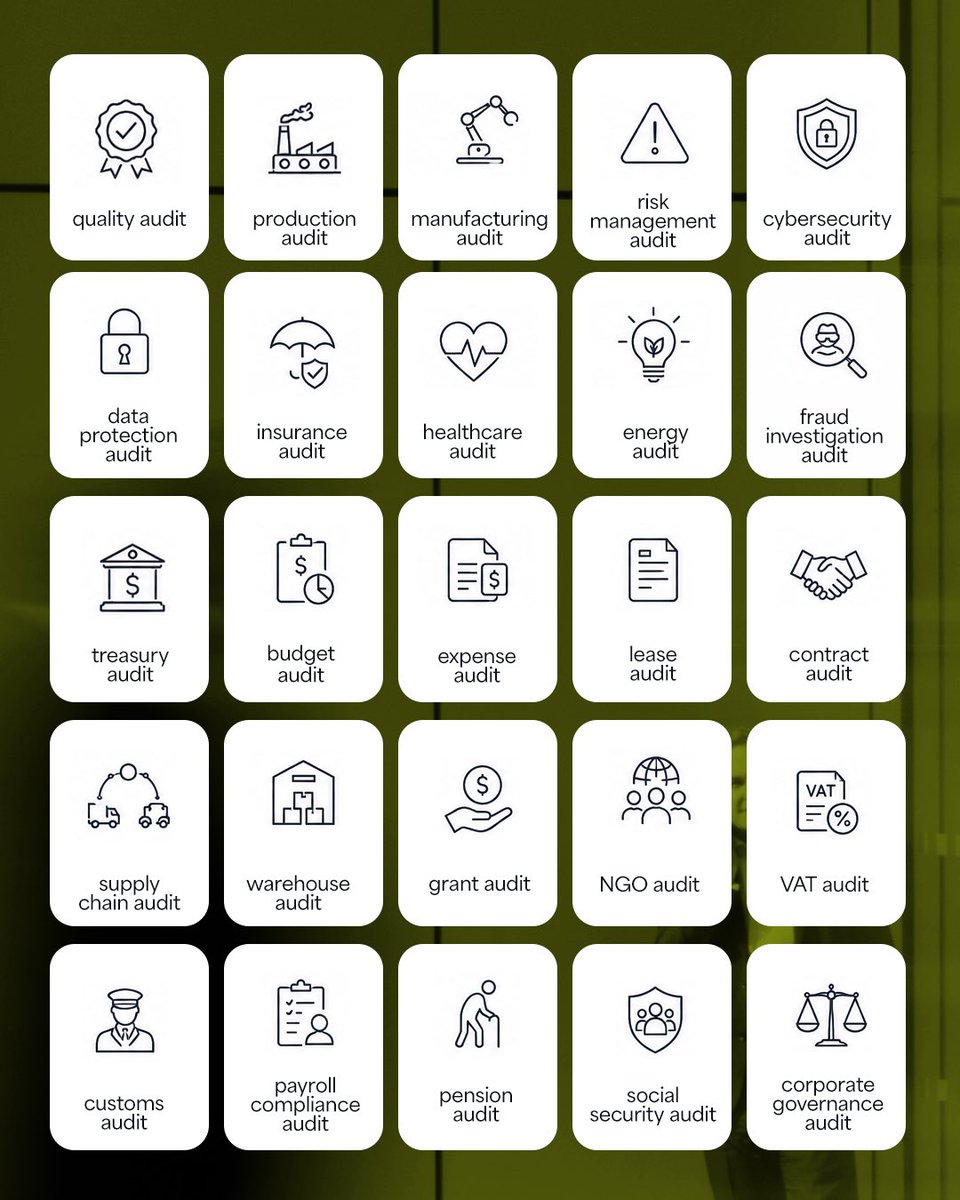 indigoaudit's tweet photo. Audits go far beyond financial statements. From cybersecurity and compliance to operations, payroll, tax, risk, and sustainability, each type of audit helps organizations strengthen controls, improve performance, and make better-informed decisions.

Swipe through to explore some of the major types of audits and discover how each one supports transparency, efficiency, and trust.