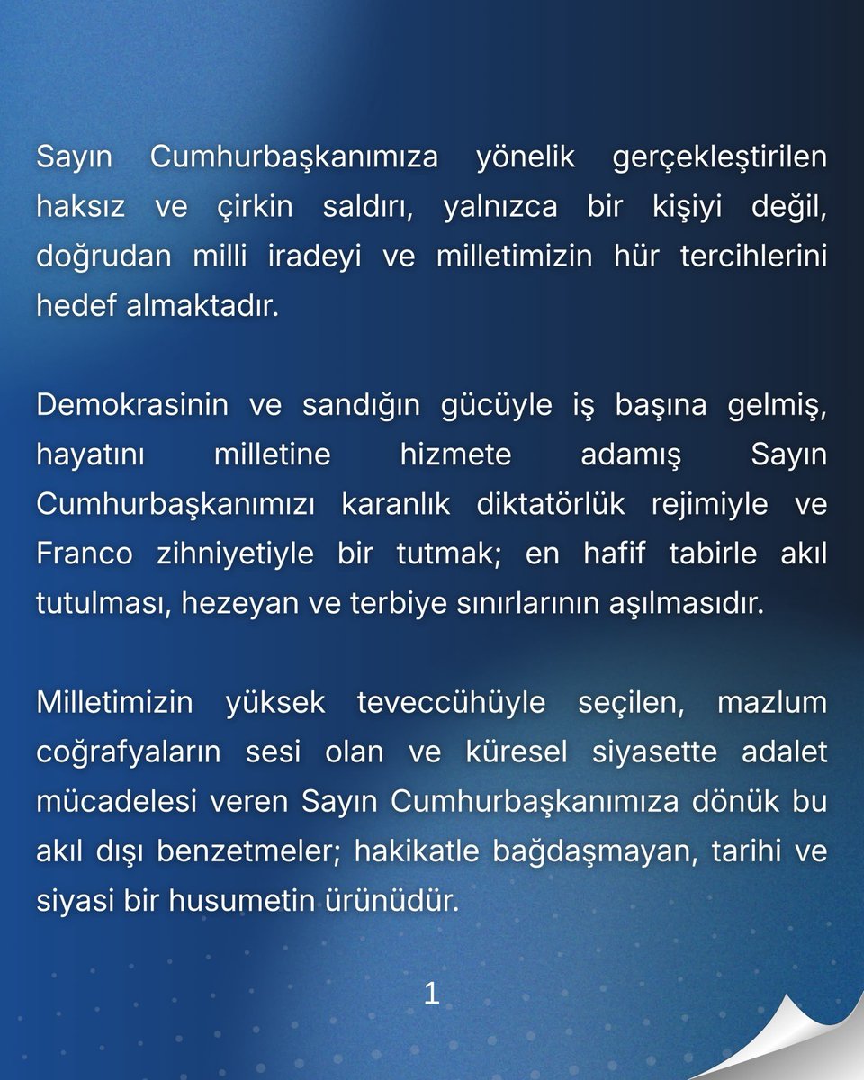 YilmazKATMER's tweet photo. Sayın Cumhurbaşkanımıza yönelik gerçekleştirilen haksız ve çirkin saldırı, yalnızca bir kişiyi değil, doğrudan milli iradeyi ve milletimizin hür tercihlerini hedef almaktadır. Demokrasinin ve sandığın gücüyle iş başına gelmiş, hayatını milletine hizmete adamış Sayın Cumhurbaşkanımızı karanlık diktatörlük rejimiyle ve Franco zihniyetiyle bir tutmak; en hafif tabirle akıl tutulması, hezeyan ve terbiye sınırlarının aşılmasıdır.

Milletimizin yüksek teveccühüyle seçilen, mazlum coğrafyaların sesi olan ve küresel siyasette adalet mücadelesi veren Sayın Cumhurbaşkanımıza dönük bu akıl dışı benzetmeler; hakikatle bağdaşmayan, tarihi ve siyasi bir husumetin ürünüdür. 

Türkiye’nin bağımsız iradesini hazmedemeyen bu zihniyet, vicdanen ve ahlaken çürümüştür.
Bizim nezdinde bu tür seviyesiz, art niyetli ve milli iradeyi hedef alan ithamların hiçbir hükmü ve karşılığı yoktur.

Milletimizden aldığımız güçle, Sayın Cumhurbaşkanımızın liderliğinde ülkemize hizmet etmeye ve Eser Siyaseti’ni büyütmeye kararlılıkla devam edeceğiz. Siyaset sahasını kirletmeye çalışan bu fütursuz anlayışa hak ettiği cevabı her zaman olduğu gibi yine sandıkta, yine demokratik meşruiyet dairesinde milletimizle birlikte vereceğiz.