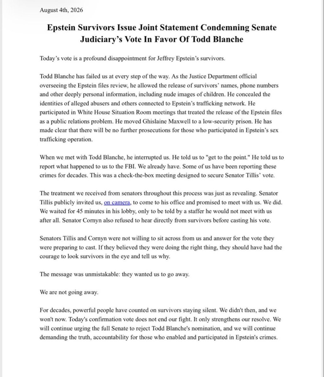 EdKrassen's tweet photo. BREAKING: Epstein survivors just released a letter blasting @JohnCornyn and @SenThomTillis over their support of Todd Blanche as AG. https://t.co/pkRO8HTPYV