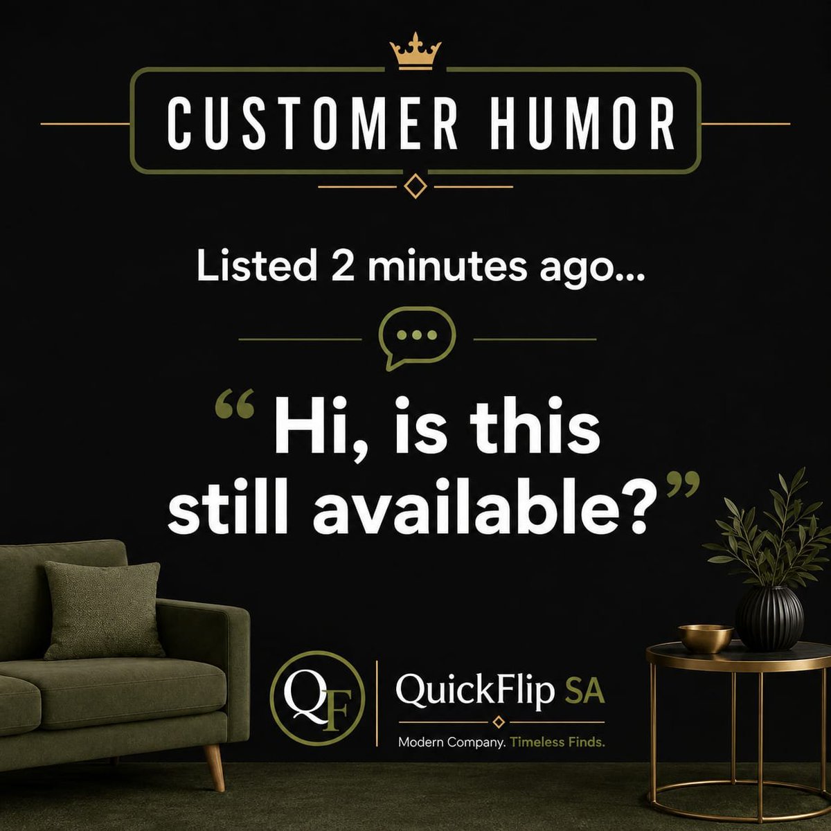 QuickFlip555's tweet photo. ���Best price?” 🤝 “Can you keep it till month-end?”
Marketplace negotiations really do come with plot twists. 😂
See something you love? Don’t wait too long — the good finds tend to move. 👀
QuickFlip SA
Modern Company. Timeless Finds. https://t.co/E2nh9Bd1xT