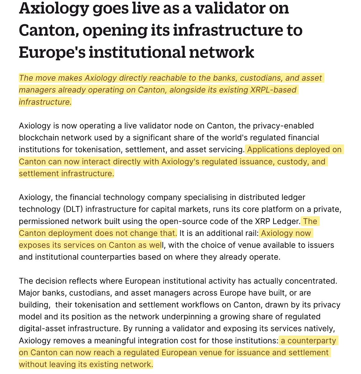 CDemanincor's tweet photo. "The two networks sit alongside each other"
@CantonNetwork #XRPL

Most people still think the future of finance is one blockchain replacing another.

That isn't what institutions are building.

They're building interoperability.

Axiology has gone live as a validator on the @CantonNetwork  while continuing to run its core infrastructure on XRP Ledger technology.

Their own CTO explained it best

"The networks sit alongside each other"

Institutions choose the settlement rail that best fits the transaction without rebuilding their entire infrastructure