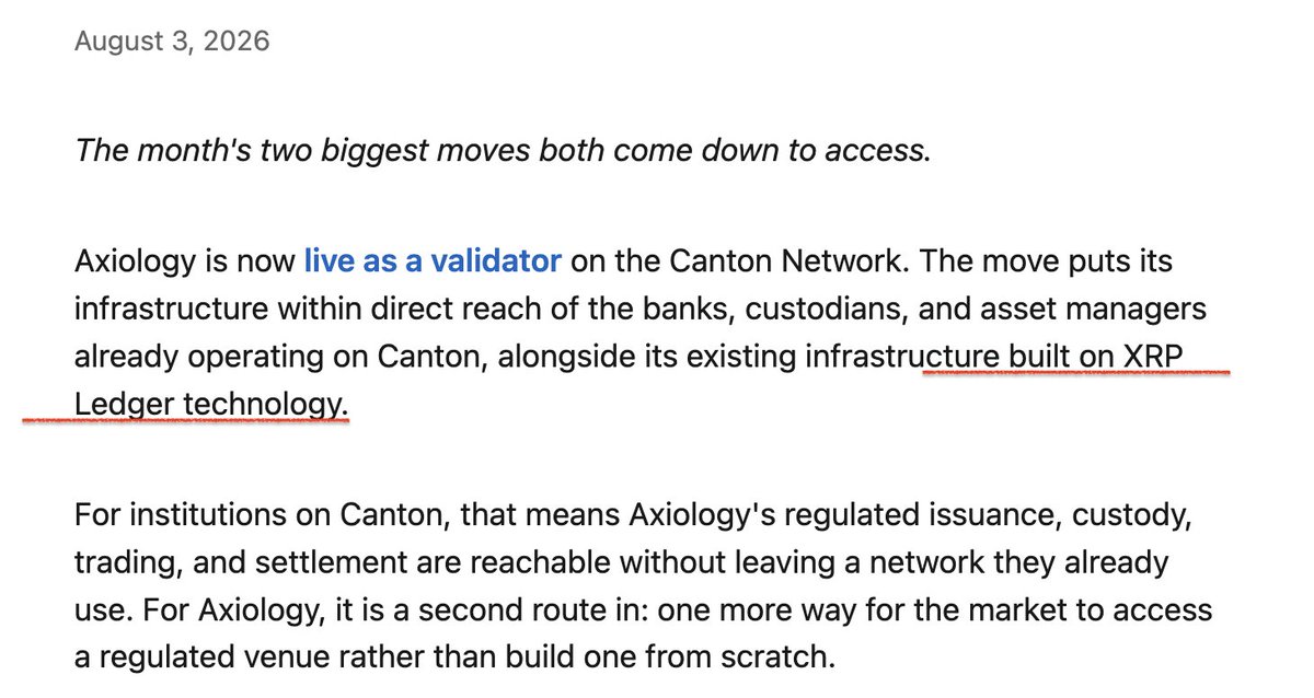 CDemanincor's tweet photo. "The two networks sit alongside each other"
@CantonNetwork #XRPL

Most people still think the future of finance is one blockchain replacing another.

That isn't what institutions are building.

They're building interoperability.

Axiology has gone live as a validator on the @CantonNetwork  while continuing to run its core infrastructure on XRP Ledger technology.

Their own CTO explained it best

"The networks sit alongside each other"

Institutions choose the settlement rail that best fits the transaction without rebuilding their entire infrastructure