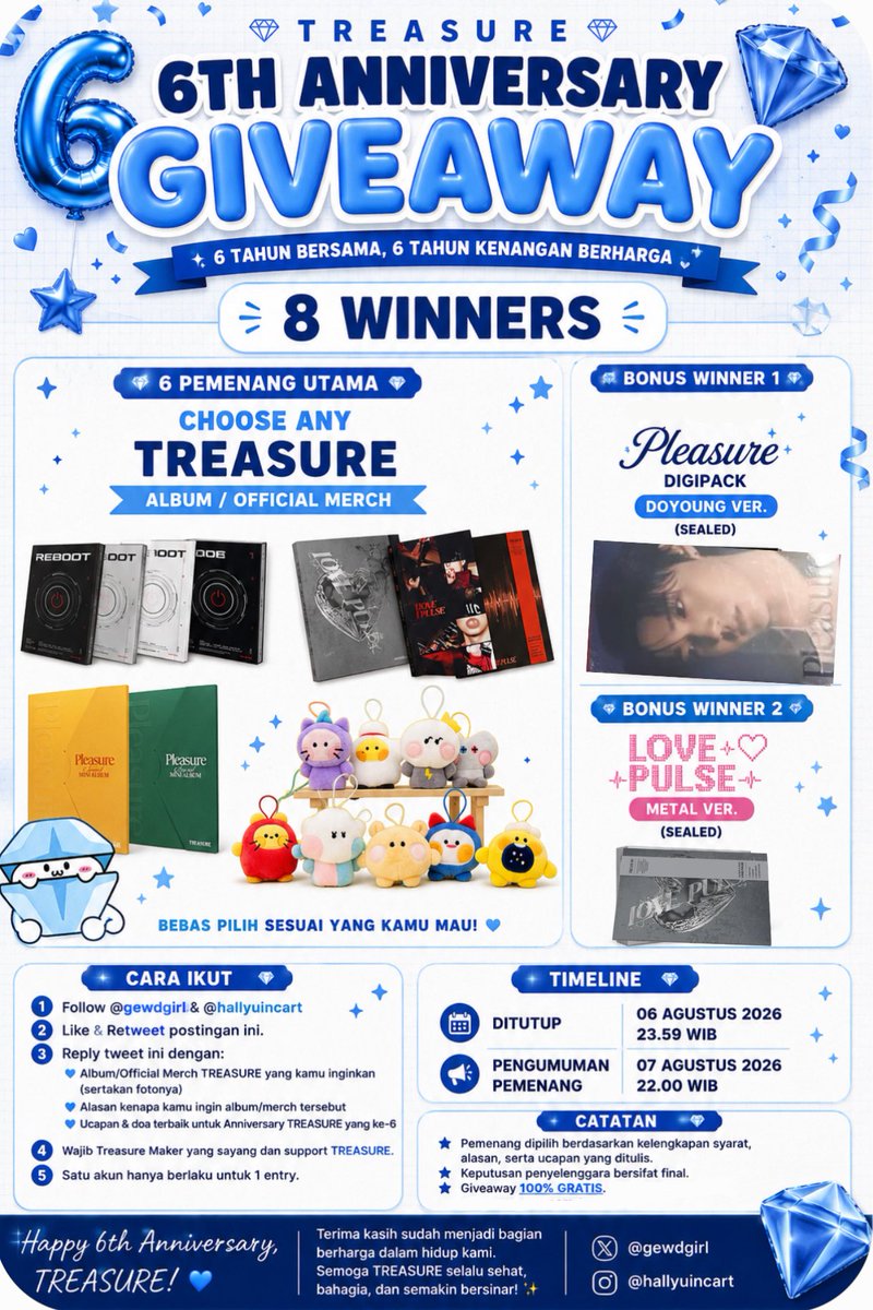 gewdgirl's tweet photo. 🎉🎂 GIVEAWAY SPECIAL TREASURE 6TH ANNIVERSARY 💎🎁

Dalam rangka merayakan 6 tahun perjalanan TREASURE, aku mau berbagi kebahagiaan untuk sesama Treasure Maker! 🩵

🎁 PRIZE 
💎 6 Pemenang + 2 bonus pemenang
🎀 Bebas sebut 1 wishlist album atau official merch TREASURE. https://t.co/mVRX0BfzLj