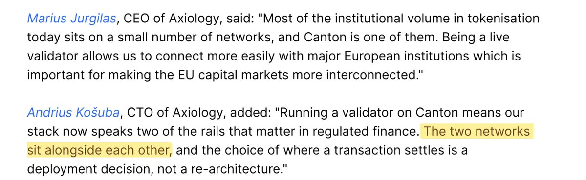 CDemanincor's tweet photo. "The two networks sit alongside each other"
@CantonNetwork #XRPL

Most people still think the future of finance is one blockchain replacing another.

That isn't what institutions are building.

They're building interoperability.

Axiology has gone live as a validator on the @CantonNetwork  while continuing to run its core infrastructure on XRP Ledger technology.

Their own CTO explained it best

"The networks sit alongside each other"

Institutions choose the settlement rail that best fits the transaction without rebuilding their entire infrastructure