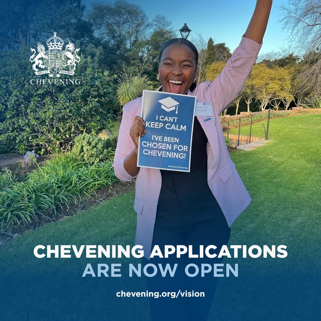 ukinsouthafrica's tweet photo. #Chevening Scholarships are now open! 🎓

Gain a world-class 🇬🇧 education, build lifelong 🇬🇧 connections, and join a global network of leaders. 

Could this be your next step? Learn more: https://t.co/WrRBMZRwWs

Applications close 6 October, 11:00 UTC.

#IAmChevening #UKwithSA https://t.co/GzvDpyOTbD