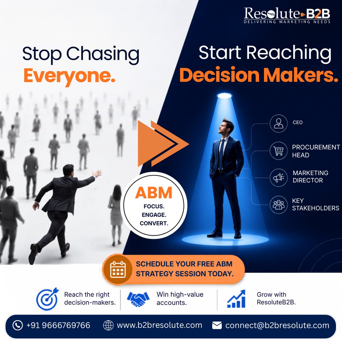 B2BResolute's tweet photo. Stop chasing #everyone.
Start reaching #decisionmakers.
#B2B success isn't about more #leads - it's about the right leads. Resolute B2B helps you connect with key decision-makers through precision targeting, #ABM, intent-driven campaigns, and data-backed strategies. https://t.co/dkJbf3D38Y