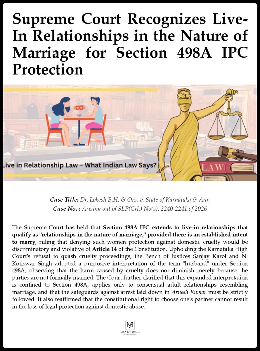 malawoffices's tweet photo. Supreme Court: S. 498A IPC applies to live-in relationships in the nature of marriage, holding that denying protection against domestic cruelty would violate Article 14. The law is limited to Section 498A and qualifying marriage-like relationships.

#SupremeCourt #WomensRights https://t.co/ayPmabMC1h