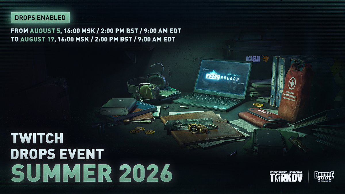 tarkov's tweet photo. It's time to choose your modifiers and prepare to escape anew - Kord Breach season has begun!

To celebrate it, we will launch a Twitch Drops campaign on August 5, where you’ll be able to earn a variety of in-game rewards.

By simply watching, you will earn containers with valuable loot for your seasonal character. Subscriptions will reward you with exclusive items available in all game modes.

Read more about the event on the official website — https://t.co/FkRvtqJljn

#EscapefromTarkov