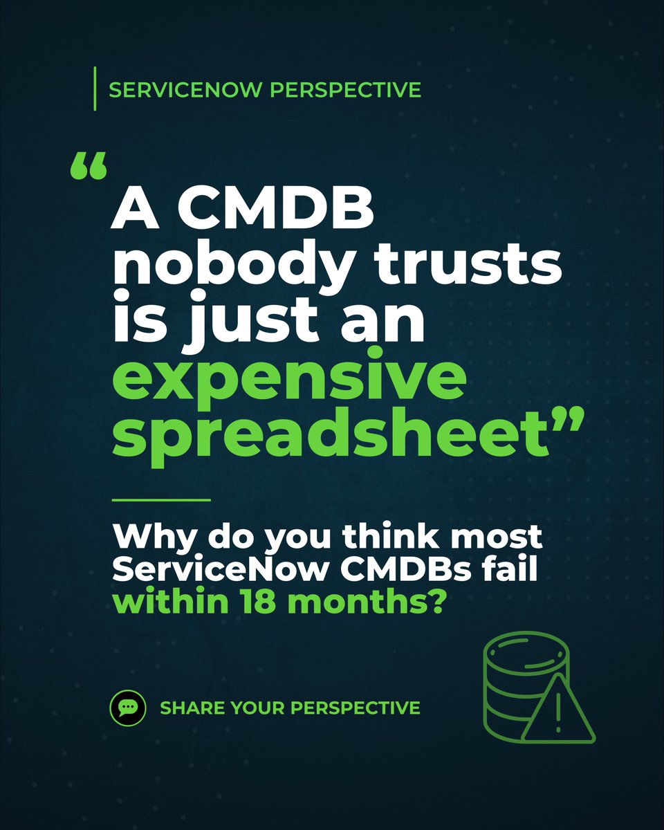 mjbtechnology's tweet photo. “A CMDB nobody trusts is just an expensive spreadsheet.”

Why do most ServiceNow CMDBs lose credibility within 18 months?

Ownership, governance, data quality, discovery—or CSDM alignment?

#ServiceNow #CMDB #CSDM #ITOM https://t.co/iY7UHYewoc
