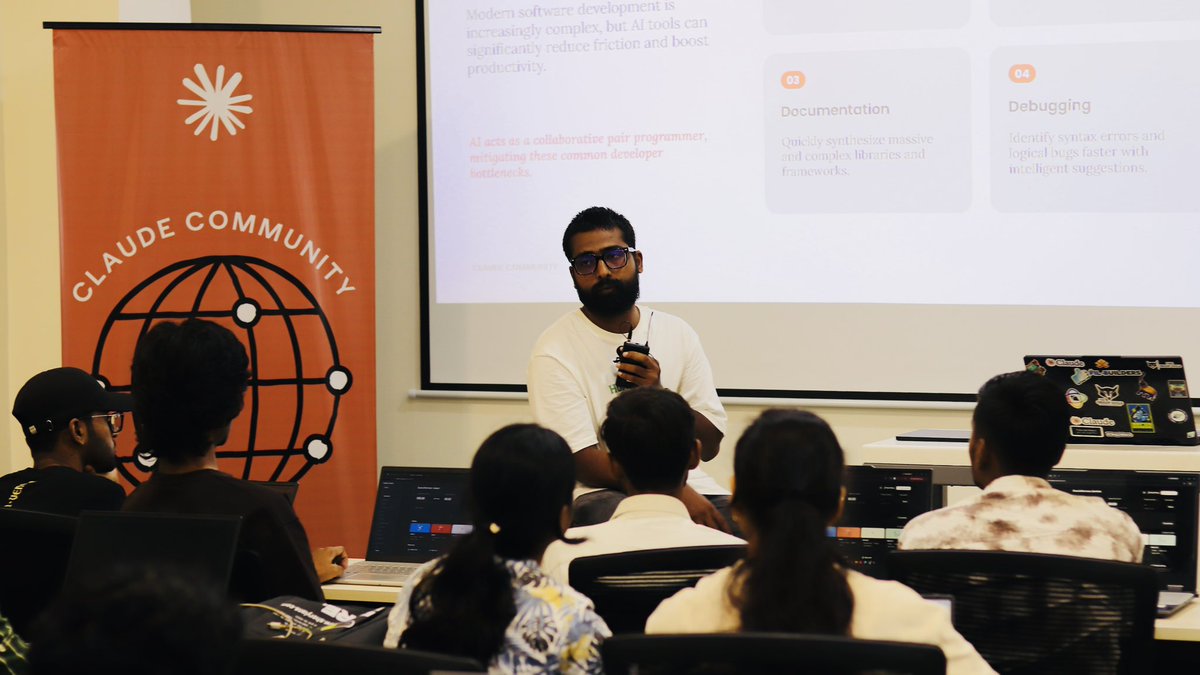 aniketsahu_115's tweet photo. Everyone is busy showing what's possible with AI. Very few are teaching people how to actually build with it last weekend we kicked off the first Claude Community Bhopal workshop - Getting Started with Claude & Claude Code and spent the evening helping students and developers go from curiosity to building.

Here's what we covered -  • Introduction to the Claude ecosystem • https://t.co/jFpqhHjyIN, Claude Code, Anthropic API & MCP • AI-assisted development workflows • Building projects with Claude Code through live demos

A huge thank you to @sheryians_ for supporting us with an amazing venue.

Special thanks to @claudeai community from the Anthropic team for continuously supporting us and making the Claude Community initiative possible.

Shoutout to our Bhopal Claude Community Contributors @vishal_4743, @0xVipin, @0xabhi7 and @arun_edition for helping organize the workshop from start to finish.

And a special mention to @a17jain who joined us on short notice to share how she is using Claude Code every day to build projects significantly faster. Hearing real developer workflows always makes these sessions more valuable.

This was just the beginning of Claude workshops in Bhopal. More workshops, Claude Code deep dives and our upcoming Claude Impact Lab are on the way.

#ClaudeBhopal @claudeai @ClaudeDevs @AnthropicAI