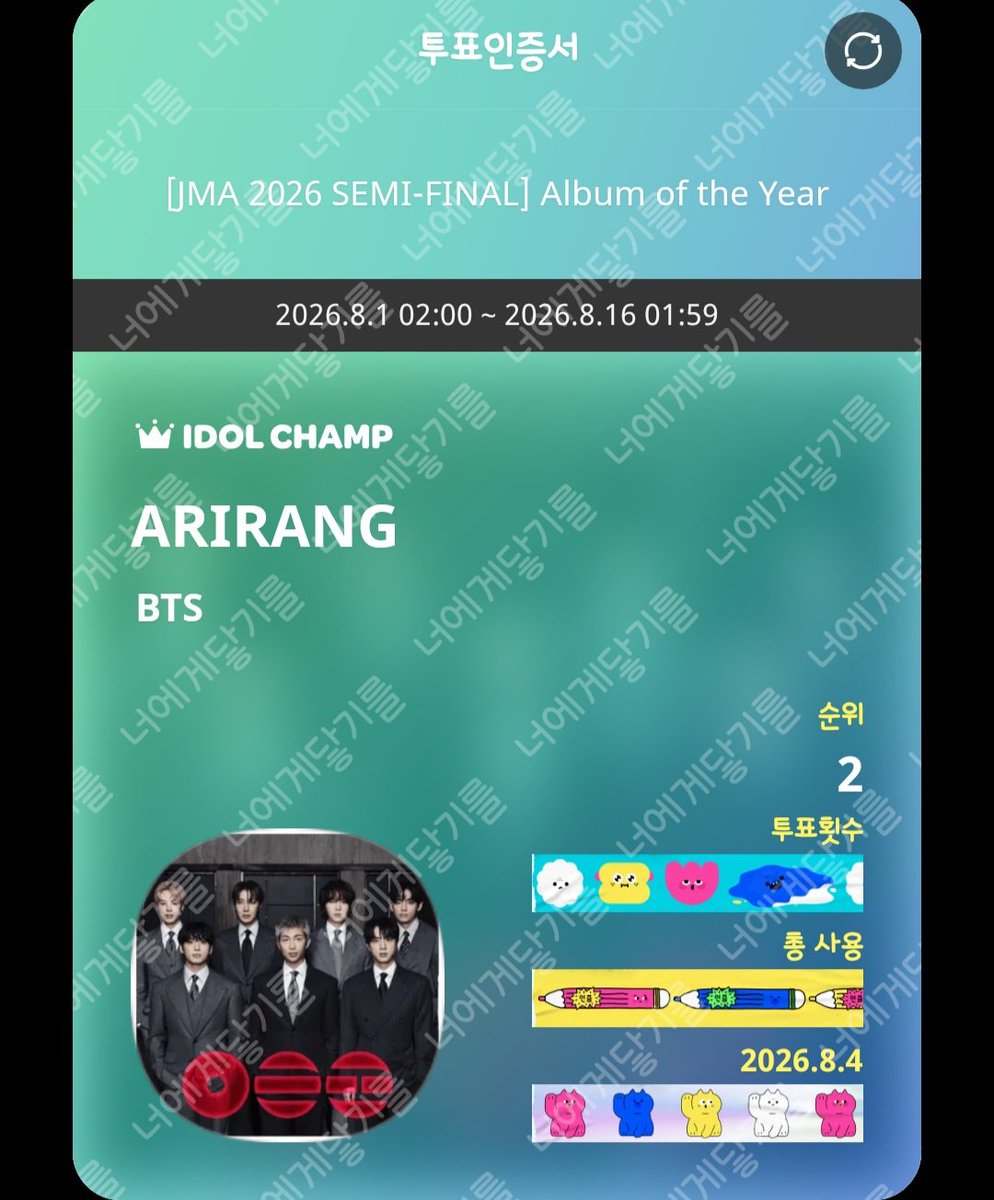 boram032621's tweet photo. ✴️ 8/04   아챔

JMA  2026
[SEMI-FINAL] 올해의 남자그룹
[SEMI-FINAL] 올해의 노래
[SEMI-FINAL] 올해의 앨범

📍2026.8.01~8.16 01:59 KST 

#함께_투표해요_아미 https://t.co/VuGBt2bAkb