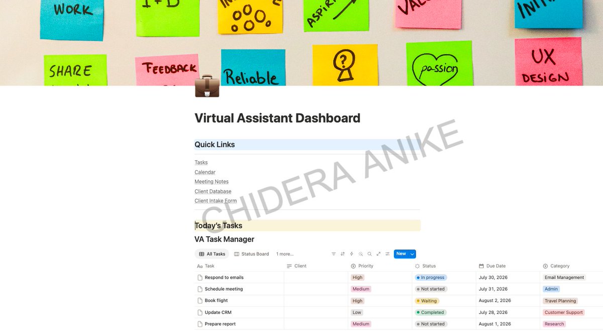 ChideraAni22136's tweet photo. Day 10 of the 20-day visibility challenge with @remotetrybe hosted by @odosaar.

Building this in Notion reminded me that a good workspace doesn't just organize information. 

It removes friction from the way a business operates.

#Day10 #RemoteTrybe #VirtualAssistantJourney https://t.co/BNkqtU7Xee
