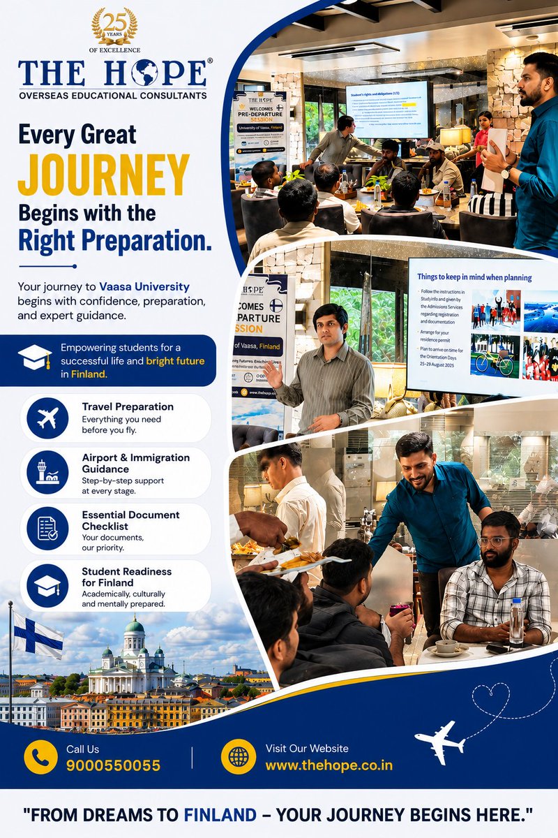 hope_the38440's tweet photo. ๐ซ๐ฎ๐ From Dreams to Finland!
Our University of Vaasa Pre-Departure Session prepared students for a confident start to their international journey.
๐ 9000550055
๐ https://t.co/EeYkMxogJM
#UniversityOfVaasa #StudyInFinland #PreDepartureSession #StudyAbroad #OverseasEducation https://t.co/9WQT7t1QGP
