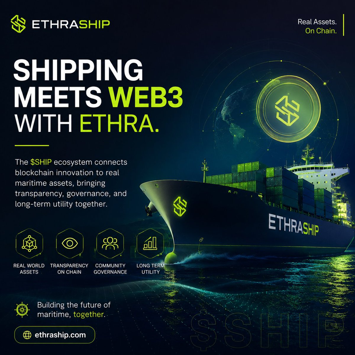 Devinders1980's tweet photo. @EthraShip Shipping meets Web3 with ETHRA. 🚢 The $SHIP ecosystem connects blockchain innovation to real maritime assets, bringing transparency, governance, and long-term utility together. Excited to watch this vision reshape how global shipping participates on-chain. ⚓🌍 #ETHRA https://t.co/GA9b0lMxJp