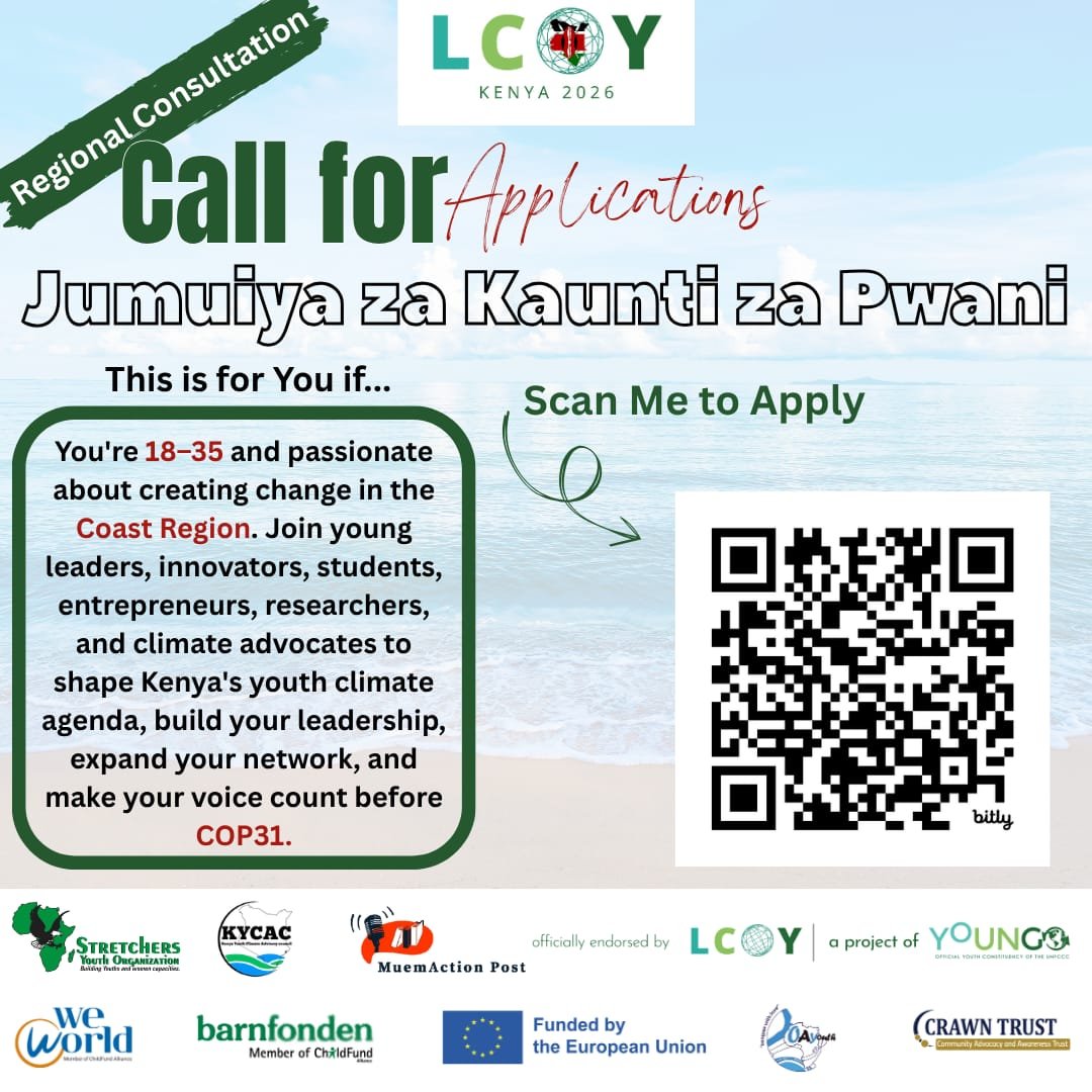 Oayouthkenya's tweet photo. Chelewa chelewa utapata mwana si wako! 😅 Don't let this be one of those opportunities you hear about after it's gone.

If you're a young person from Mombasa, Kwale, Kilifi, Tana River, Lamu, or Taita Taveta who is passionate about climate and environmental action, this is your chance to be in the room where regional climate priorities are shaped.

Connect with fellow young climate leaders, share your voice, and help build Kenya's youth position ahead of COP31.

Apply now: https://t.co/ZZjp4egfoz

#LCOYKenya2026 #ClimateAction #SikilizaSautiYetu #COP31 #JumuiyaYaKauntiZaPwani