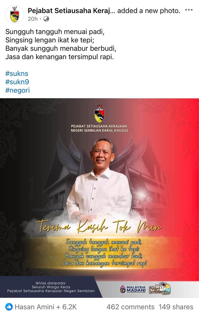 liyana_marzuki's tweet photo. TOK MIN: A TRIBUTE

Ini kisah seorang anak jati Negeri Sembilan. Yang diangkat menjadi Menteri Besar bukan dari Parti Keramat. Pertama kali dalam sejarah negeri. Seorang pemimpin PKR menjadi Menteri Besar. 

Ramai pemerhati politik katakan sepanjang 8 tahun beliau mentadbir, N9 jadi tambah baik. Prestasi ekonomi meningkat. Rızab negeri naik sampai lebih RM1b, pertama kali dalam sejarah. 

Sektor pelaburan juga memberansangkan. Banyak daerah dalam N9 sedang membangun dengan pesat. Ini dirasai oleh rakyat negeri sendiri. Approval rating Tok Min agak tinggi. 

Namun, 2023 beliau berkongsi kuasa. Dengan parti lawannya. Terbentuklah Kerajaan Perpaduan di N9. Dengan parti tunjang UMNO dan PKR. 

Masuk tahun ketiga, krisis adat tercetus. Beliau menjadi korban. Demi untuk pertahankan Rajanya, daripada diguling secara tidak berpelembagaan, beliau telah mencuba habis baik. Tapi nasib tak menyebelahi. 

Beliau kalah pilihanraya bukan kerana rakyat membenci. Tapi elit politik tidak senangi. 

Ini dia Menteri Besar yang lepas 8 tahun memerintah,  hidupnya biasa sahaja. Zuhud dan tak nampak kaya raya. Jauh beza dari MB sebelumnya. Ada seorang dah masuk penjara. 

Saya percaya legasi beliau akan terus mekar. Kini kita boleh lihat di media sosial. Bila rakyat N9 berterima kasih atas jasa yang diberi. Ada yang kata akan rindui momen ketika Ramadhan sebulan. Beliau berkelana di masjid2 sekitar Negeri Sembilan. 

Pada saya, tinggi benchmark yang beliau tinggalkan. Mencabar penggantinya untuk capai. 

This is a tribute not just to a wonderful MB. 
But to a wonderful man. 

You made us believe, dalam politik pun ada orang baik2. 

Benih yang baik dicampak mana pun akan hidup. 

In sya Allah kami doakan, pemimpin yang seorang ini akan dapat portfolio yang lebih baik di peringkat persekutuan. Banyak yang telah beliau korbankan. 

All the very best, Tok Min. 
Moga berjaya dalam setiap perjalanan. 

Salam hormat,  
Liyana Marzuki