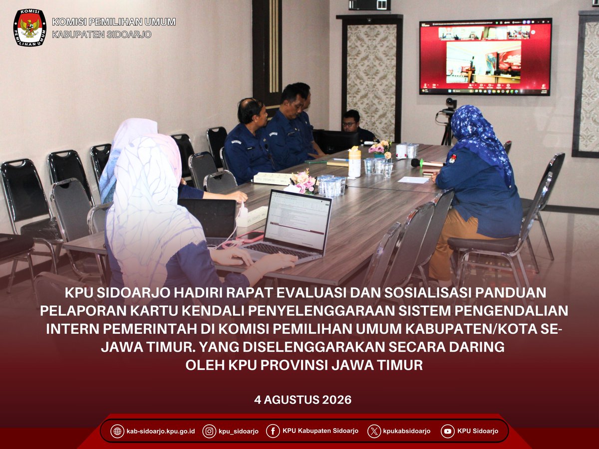 kpukabsidoarjo's tweet photo. Halo #TemanPemilih π
Menutup rangkaian #SelasaCeria, Komisi Pemilihan Umum (KPU) Kabupaten Sidoarjo mengikuti Rapat Sosialisasi Peraturan Menteri Keuangan (PMK) Nomor 41 Tahun 2026 yang diselenggarakan oleh KPU Republik Indonesia secara daring pada Selasa, 4 Agustus 2026. https://t.co/6vUkji7aZz