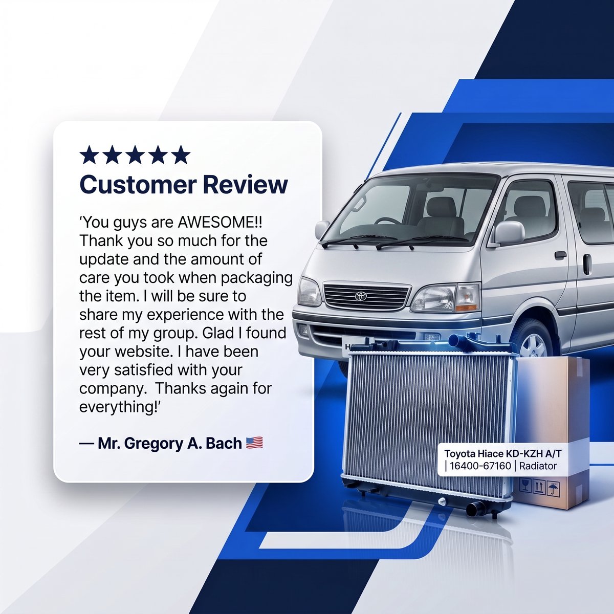 FascoTrading's tweet photo. ✨ Nothing makes us happier than hearing from satisfied customers.

A huge thank you to Mr. Gregory A. Bach  🇺🇸  for sharing his experience with our team at FT Online! 

https://t.co/kD6bJ7SpjD 

#FTOnline #ToyotaHiace #AutoParts #Japan https://t.co/X1vRABwaoo