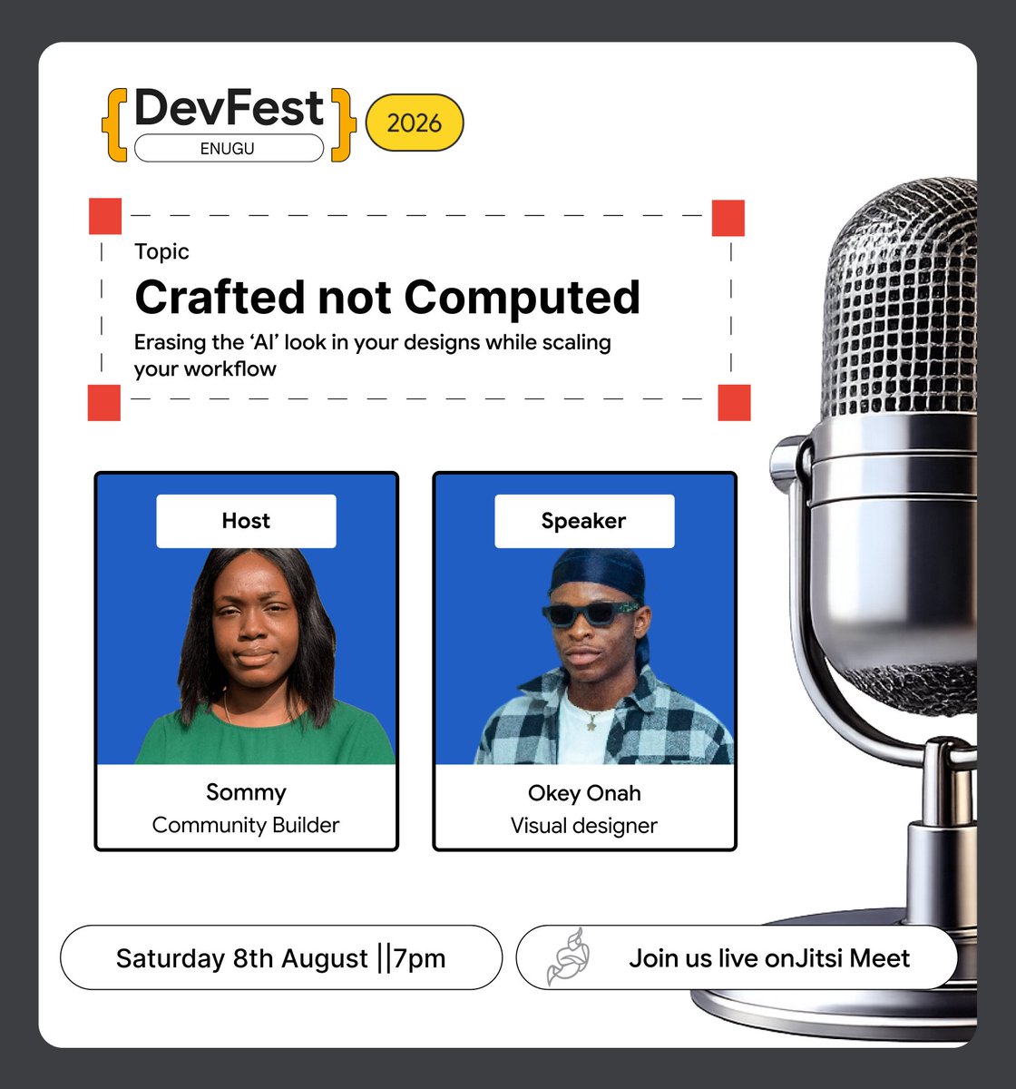 GdgEnugu's tweet photo. The best AI-assisted designs don't look AI-assisted.

Join visual designer and brand strategist @OkeyOnah for Crafted, Not Computed, a Road to DevFest session on using AI to speed up your workflow while preserving originality, creative direction and the human touch. https://t.co/5lCPJcln5j