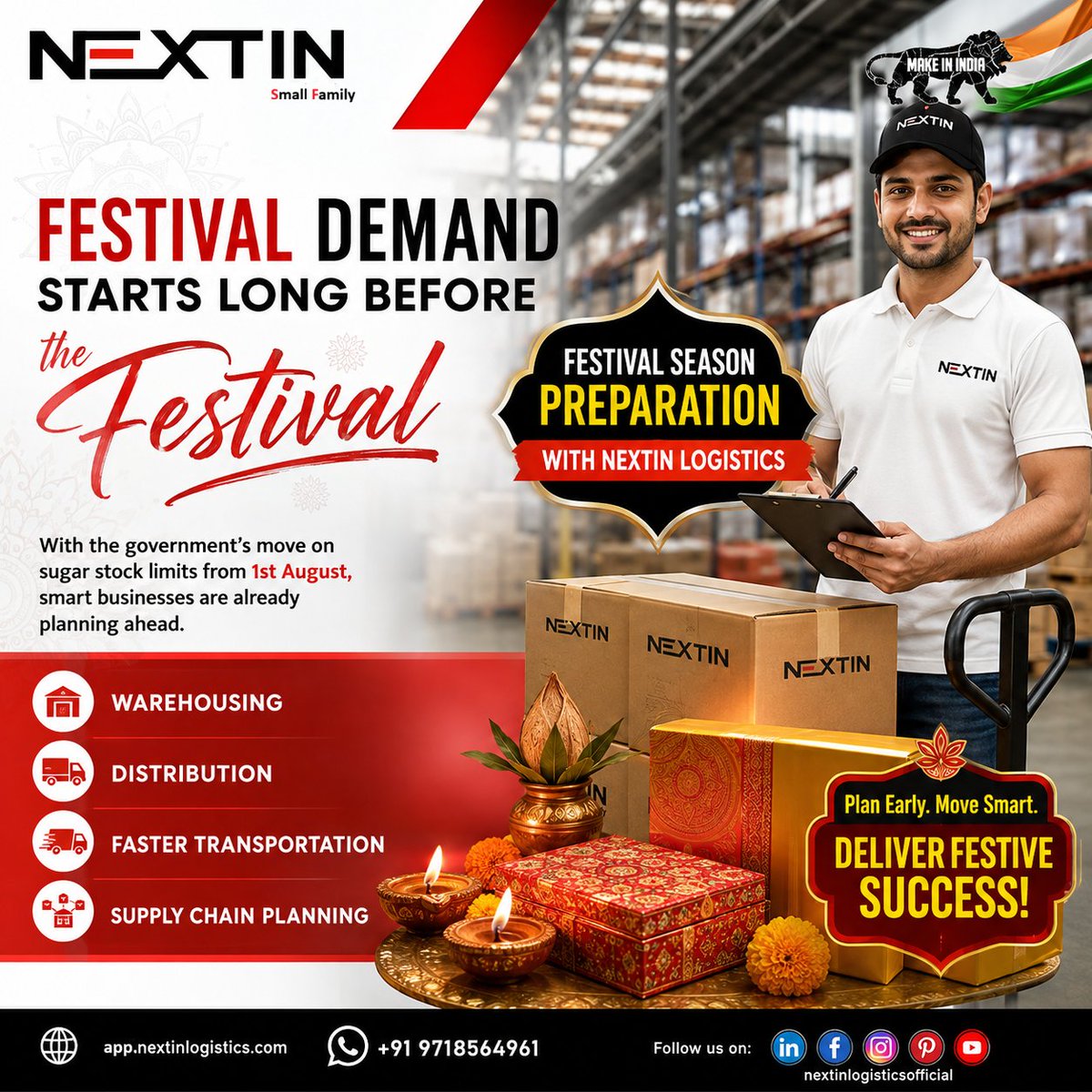 NextinLogistix's tweet photo. Festival demand doesn't begin on the celebration day—it begins with smart inventory planning. Let #NextinLogistics help you move with confidence this festive season.
#Logistics #SupplyChain #Distribution #Transportation #B2BLogistics #FestivalSeason #IndiaBusiness https://t.co/rdCcHa4n6k