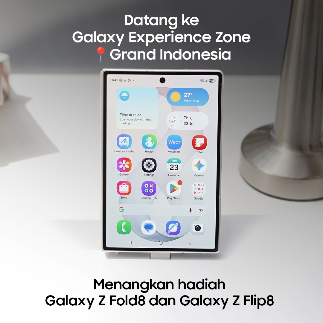 samsungID's tweet photo. Masih ada #GalaxyZFold8 dan #GalaxyZFlip8 gratis untukmu!🥳 

Belum sempat ikut serunya #GalaxyMyFanCamMoment? 

Kamu bisa coba di Galaxy Experience Zone Grand Indonesia dari tanggal 5-9 Agustus 2026 dan menangkan hadiahnya!🤩 

Jangan sampai ketinggalan! #FoldTheDoubt #GalaxyStudio