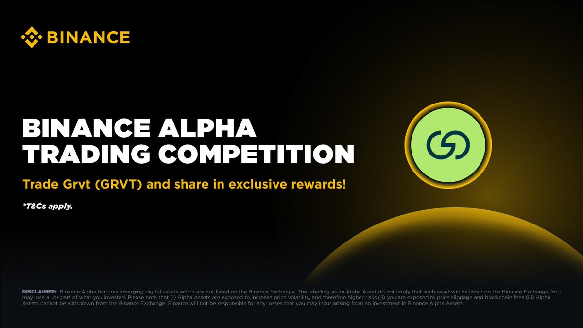 BinanceWallet's tweet photo. Join the #Binance Alpha GRVT Trading Competition now!

🔸 Trade GRVT with $200K worth of rewards up for grabs.
🔸 Click [Join] on the Binance App event page to start tracking trade volume.
🔸 New: Rising Trader Boost — Qualified Alpha competition traders can unlock a 1.2x trading volume boost. See campaign details to check your eligibility.
🔸 Early Bird Multiplier is on — the earlier you trade, the higher the boost. Day 1 trades enjoy a 3.0x multiplier.
🔸 Only buy volume counts (selling is excluded).

Don’t miss out 👇
https://t.co/mYzL1eXhJE