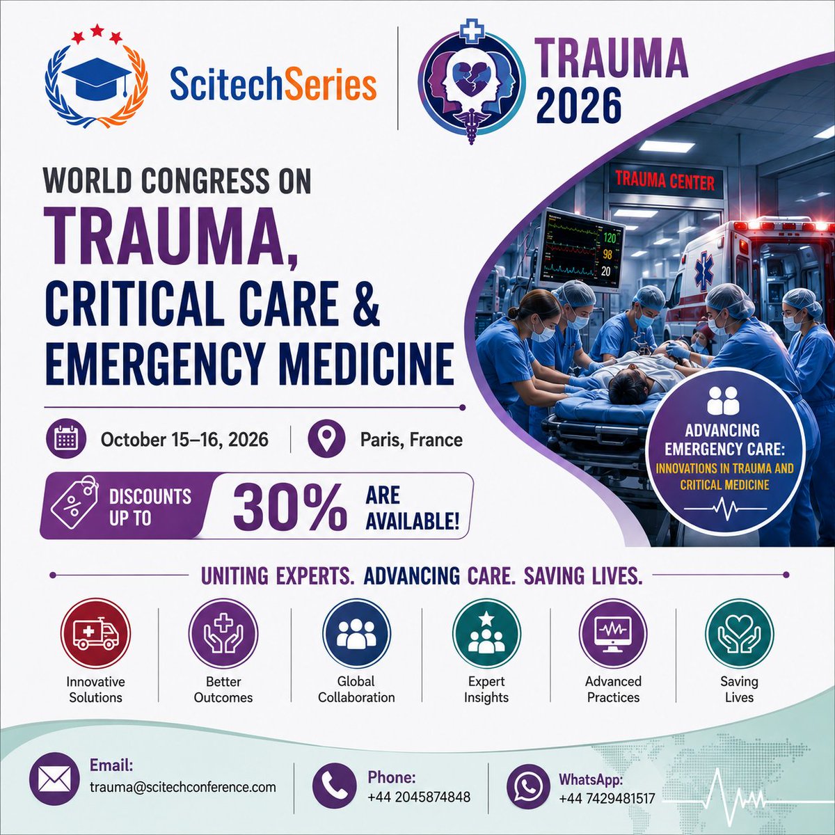 LauraOlive5142's tweet photo. 🚨 Save Up to 30% on Registration!

Join the World Congress on Trauma, Critical Care &amp; Emergency Medicine in Paris, France 🇫🇷 on October 15–16, 2026.

#Trauma2026 #CriticalCare #EmergencyMedicine #TraumaSurgery #MedicalConference #Healthcare #Save30 #Paris @ScitechSeries https://t.co/53zWc1fhL2