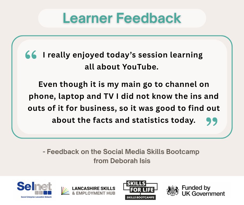 SelnetLtd's tweet photo. "I really enjoyed today’s session learning all about YouTube. Even though it is my main go to channel on phone, laptop and TV I did not know the ins and outs of it for business, so it was good to find out about the facts and statistics today." 

#SkillsBootcamps #SkillsForLife https://t.co/2DJPbcsgsG