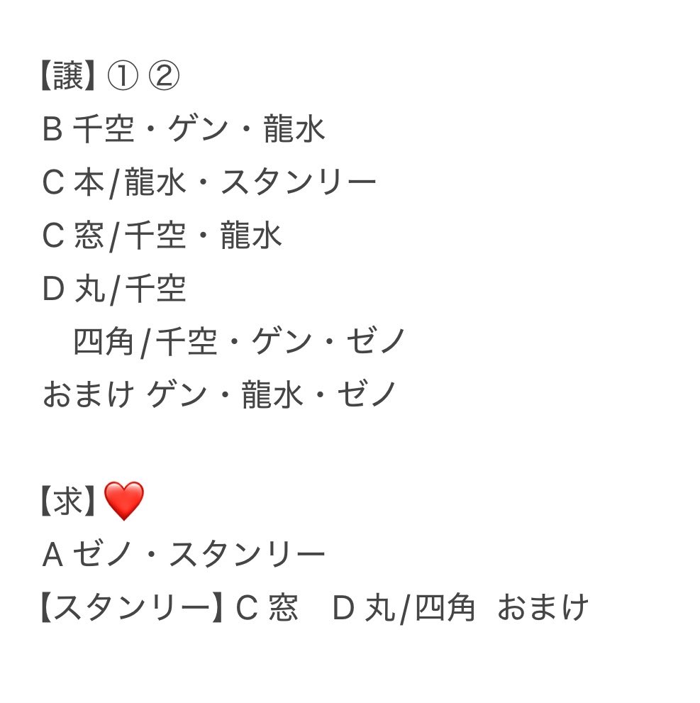 huri98_ss's tweet photo. 【交換】
Dr.STONE くじ引き堂 
オンラインくじ 読書の秋編 

【譲】個数表示あるもの
【求】❤️各1個
詳細は画像をご確認ください。

【B賞】については
【A】or【C・D・おまけ】
              まとめての方優先。

⚠️郵送のみです。
検索からもお声かけください。 https://t.co/bq2TlWKN9B