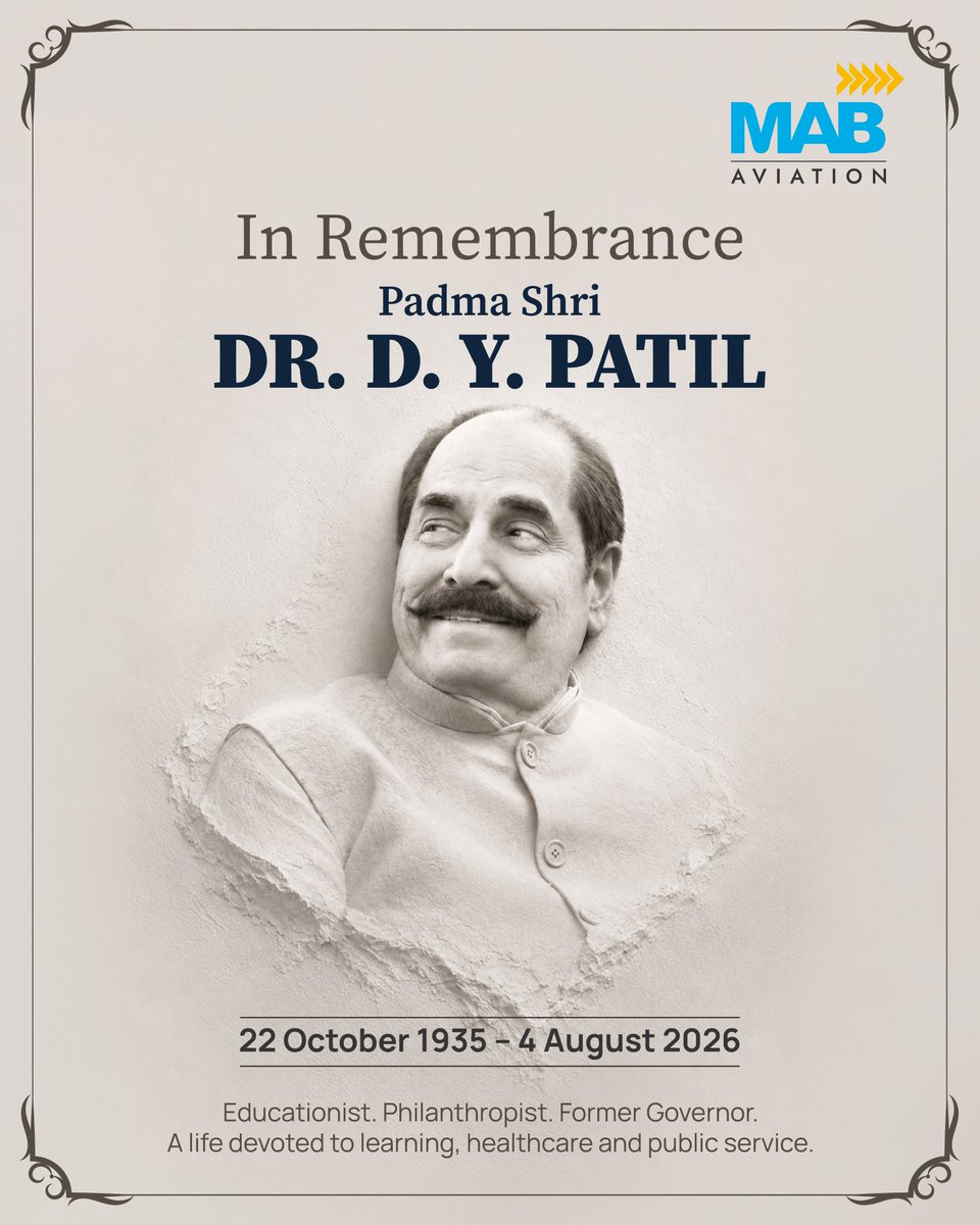 MABAVIATION's tweet photo. In remembrance of Padma Shri Dr. D. Y. Patil, educationist, philanthropist, and former Governor.

Our heartfelt condolences to his family and all whose lives he touched.

May his soul rest in peace. https://t.co/21J4vL70KX