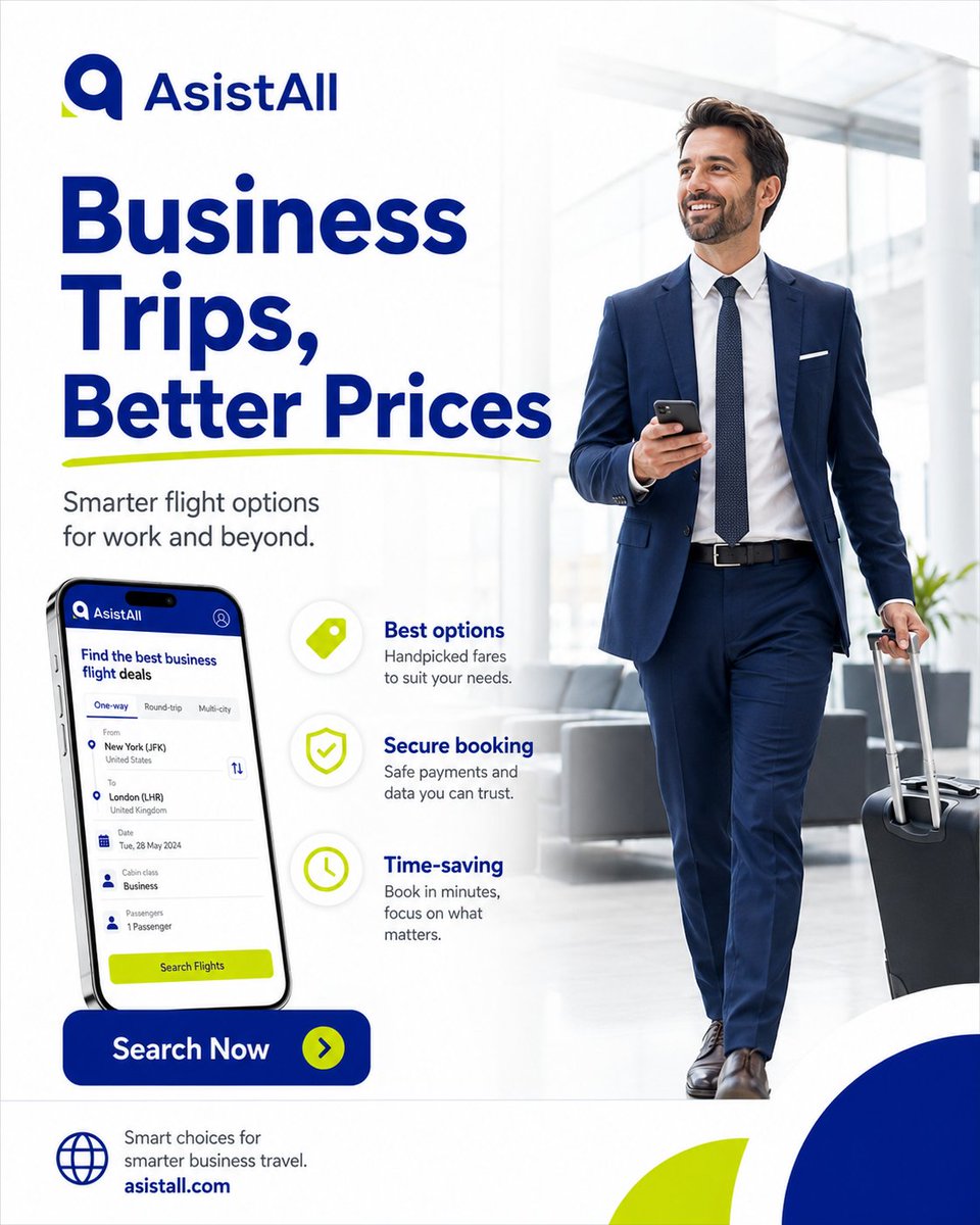 asistallcom's tweet photo. Business trips, better prices. ✈️

Compare smarter flight options and book quickly with AsistAll.
🌐 https://t.co/p3JymEK1kX
#AsistAll #BusinessTravel #FlightDeals https://t.co/I4Ze9yT1k7
