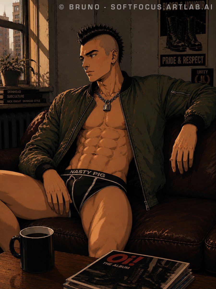 artlab_ai1979's tweet photo. Still at home.Bomber on. Not much else.
#Maksym #Mohawk #SkinheadStyle #Muscle #Underwear #FetishArt #HomoeroticArt #AIArt #DigitalArt https://t.co/jQtrAvVYJ2