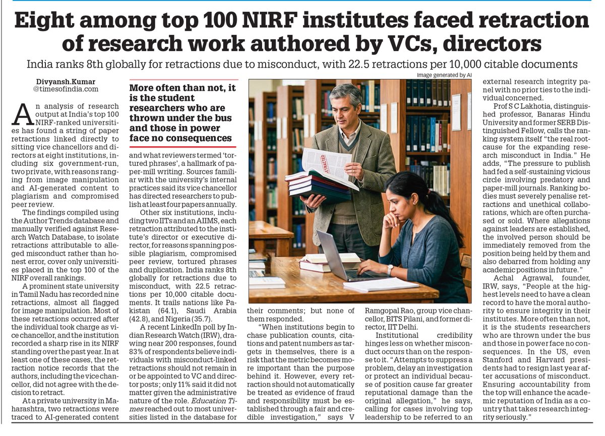 thakur_div01's tweet photo. Eight among top 100 NIRF institutes faced retraction of research work authored by VCs, directors

Read full story here | https://t.co/bL0Jqzhbp9

#NIRF #ViceChancellor #Research #ResearchIntegrity https://t.co/L8w1YWwsWG