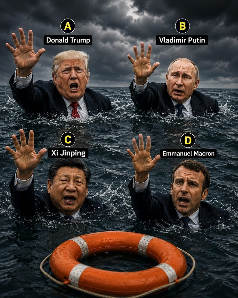 Realdcdraino0's tweet photo. Imagine you could save only one of these world leaders. 

Who would you choose ?

A. Donald Trump
B. Vladimir Putin
C. Xi Jinping
D. Emmanuel Macron https://t.co/GDBdmMrE3V