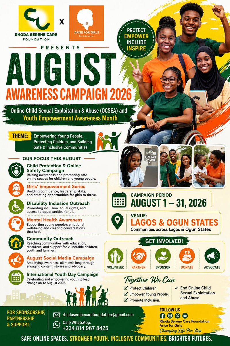 rhodasereneCFDN's tweet photo. It's #TuesdayGiving!
Every child deserves protection. Every girl deserves opportunity. Every young person deserves hope.
Your support can help us reach even more lives. Sponsor | Partner | Donate | Volunteer: rhodaserenecarefoundation@gmail.com ๐ฑ +234 814 967 8425 https://t.co/LhooVaBojo