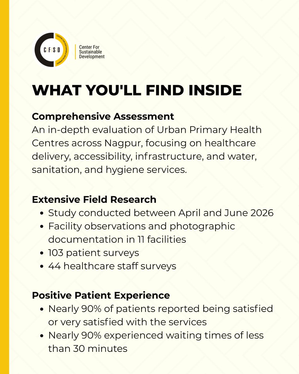 cfsdnagpur's tweet photo. We are pleased to announce the publication of our report, Evaluation of Urban Primary Health Centres (UPHCs) in Nagpur.
Read the report and explore the findings.
#CFSD #PublicHealth #UrbanHealth #Nagpur #PrimaryHealthcare #HealthcareResearch https://t.co/wUMIcCrRgf