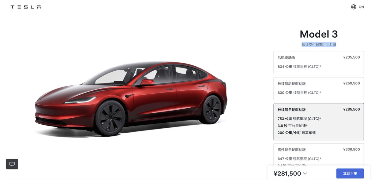 tslaming's tweet photo. GOOD NEWS 🇨🇳 Model 3 production capacity at Giga Shanghai has fully returned to normal for all trims, reducing estimated wait times to 1-3 weeks (down from 2-4 weeks) 🔥 https://t.co/WD4bEn4jdi