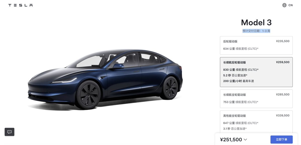 tslaming's tweet photo. GOOD NEWS 🇨🇳 Model 3 production capacity at Giga Shanghai has fully returned to normal for all trims, reducing estimated wait times to 1-3 weeks (down from 2-4 weeks) 🔥 https://t.co/WD4bEn4jdi