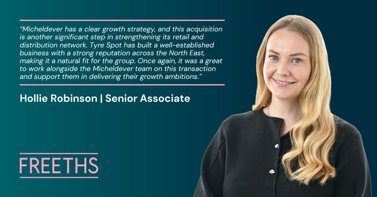 freeths's tweet photo. We have advised longstanding client  Micheldever Tyre Services on its acquisition of Tyre Spot Autocentres, strengthening the tyre distributor and retailer’s presence across the North East 🛞 

Read the full press release here  👉 https://t.co/CtbZrhxwrI

#CorporateLaw https://t.co/mLo9FNAidI